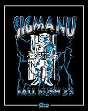 hooded figure in an electric chair with blue lightning bolts and metallic chrome sigma nu text on a black background.