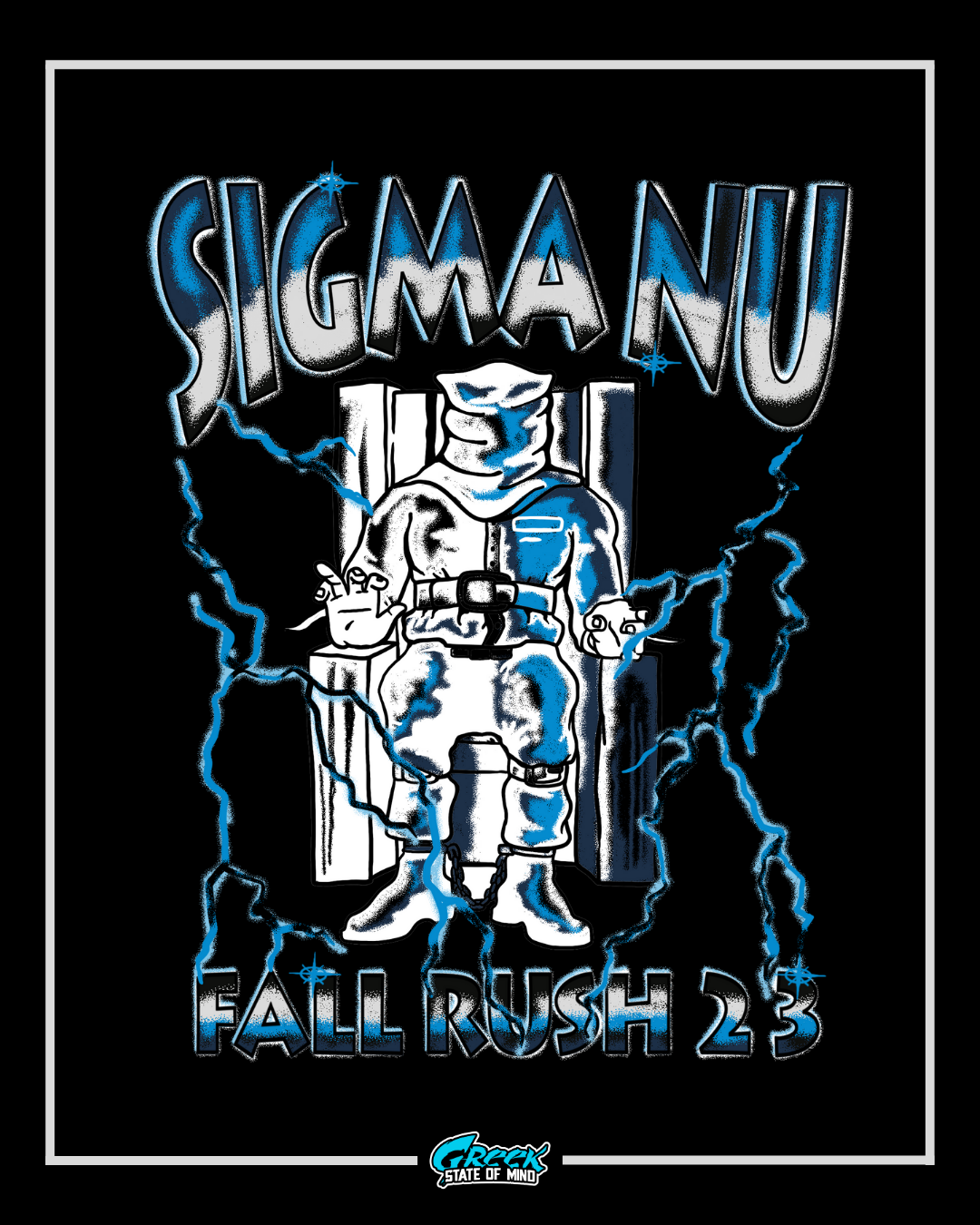 hooded figure in an electric chair with blue lightning bolts and metallic chrome sigma nu text on a black background.