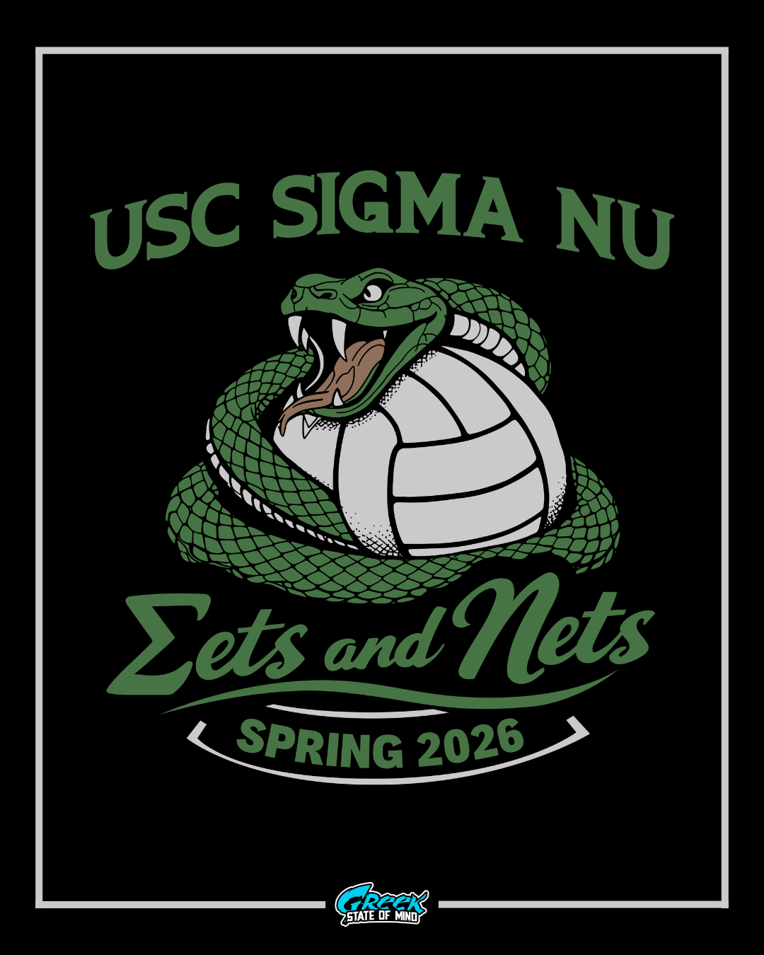 USC Sigma Nu logo with a snake and ball design on a black background