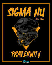 Sigma Nu fraternity logo with skull and snake design on a black background