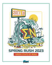 Sigma Nu spring rush 2023 graphic with waves and sign.