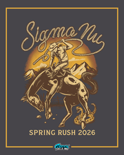 cowboy riding a bucking horse with lasso forming sigma nu text above and mountains and rattlesnake in the background.
