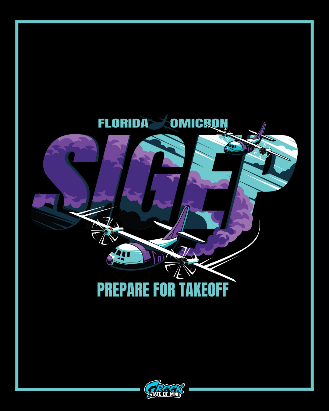 sigep text with illustrated airplanes flying through the letters leaving purple smoke trails and prepare for takeoff wording below.