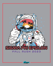 Astronaut in space suit with palm tree design on helmet, Sigma Phi Epsilon text, and 'Fall Rush 2023' on a gray background.