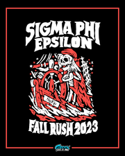 Sigma Phi Epsilon Fall Rush 2023 poster with a skeleton and steering wheel design on a black background.