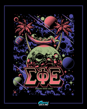 Colorful graphic design with 'Sigma Phi Epsilon' text and space-themed elements on a dark background.