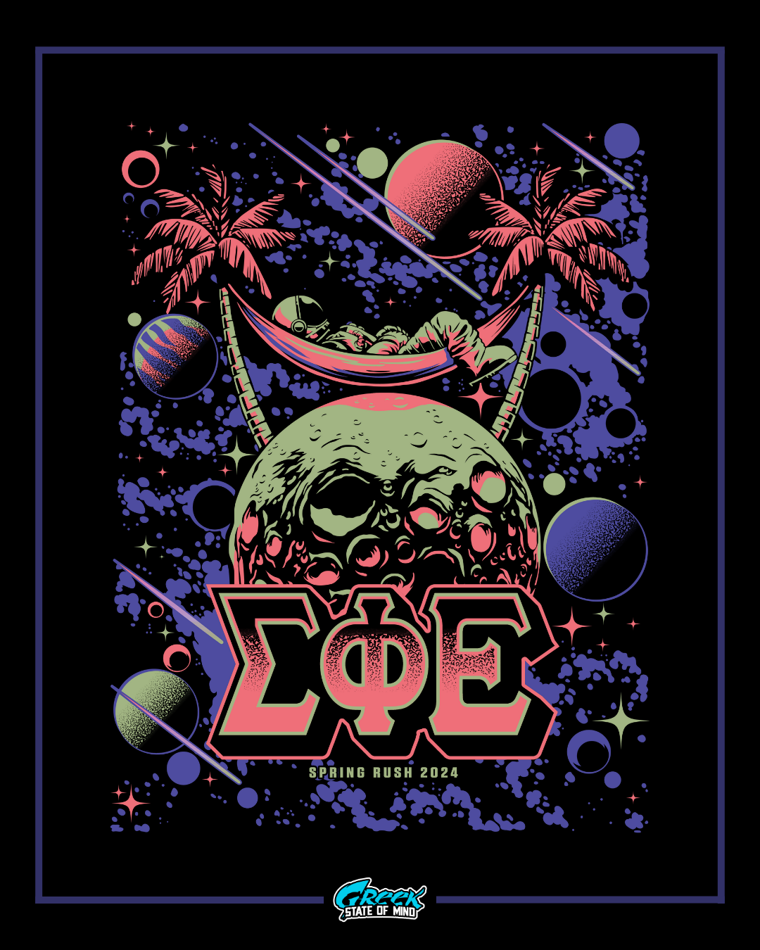 Colorful graphic design with 'Sigma Phi Epsilon' text and space-themed elements on a dark background.