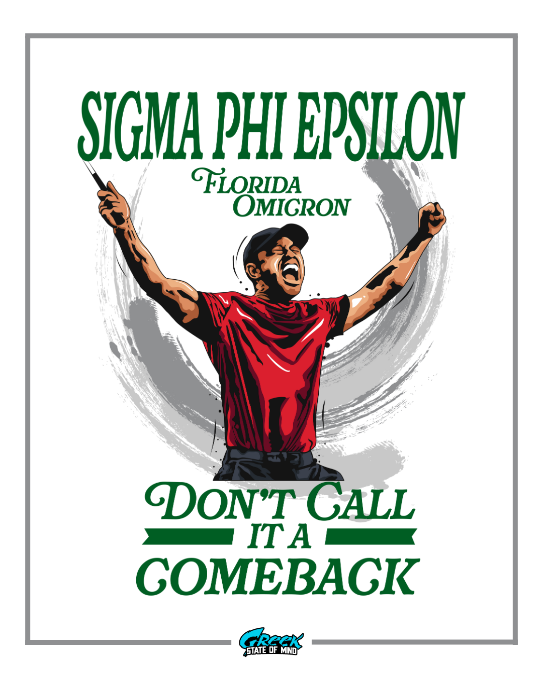 Sigma Phi Epsilon Florida Omicron t-shirt design with a person in a red shirt and black cap, text, and logo.
