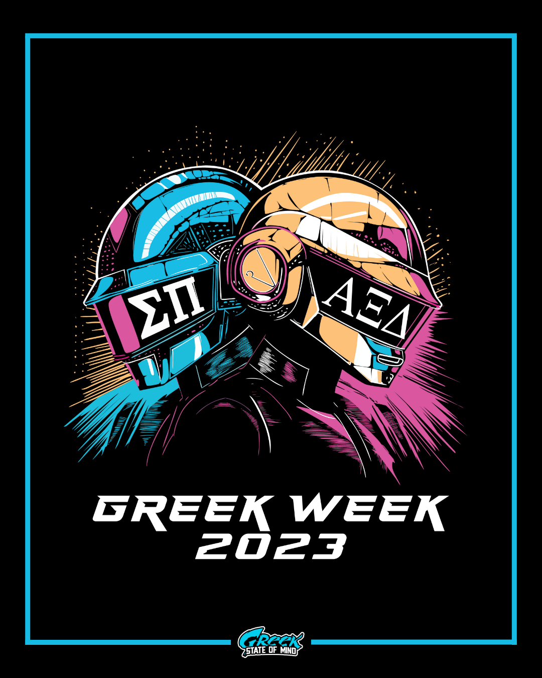 Promotional graphic for Greek Week 2023 featuring helmets with symbols on a black background.