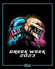 Promotional graphic for Greek Week 2023 featuring helmets with symbols on a black background.