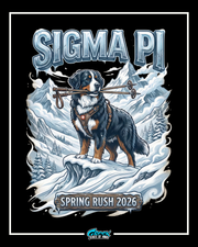 bernese mountain dog with rescue harness holding skis on a snowy mountain ridge with sigma pi spring rush 2026 text.
