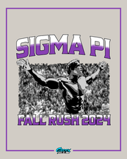 illustrated muscular man with arms outstretched in front of a large cheering crowd under bold sigma pi text with matching rush 2024 lettering below