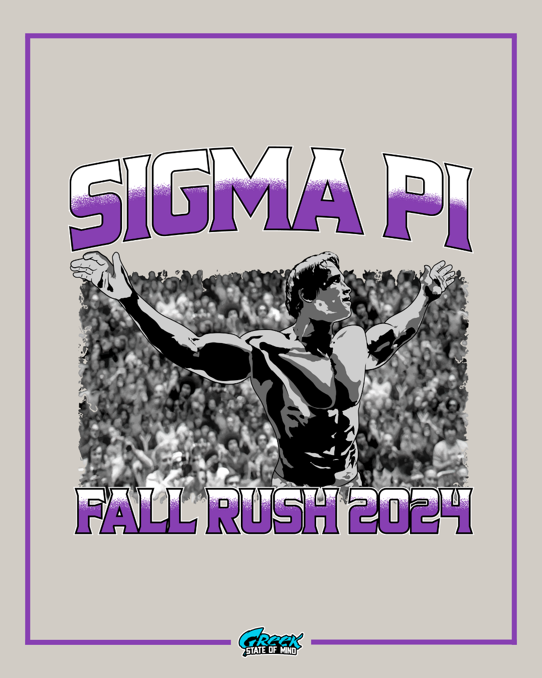 illustrated muscular man with arms outstretched in front of a large cheering crowd under bold sigma pi text with matching rush 2024 lettering below
