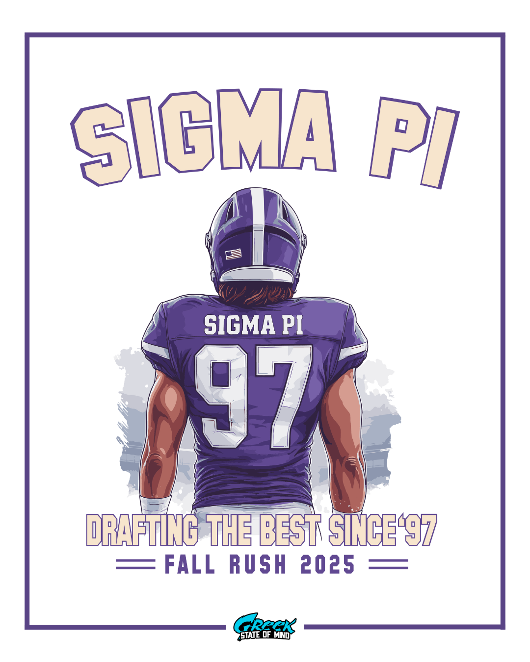 sigma pi football themed rush design featuring a football player in a purple jersey with the number 97 and bold sigma pi lettering above