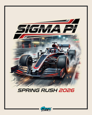 formula one style racecar speeding down a track with sigma pi text above and rush wording below.