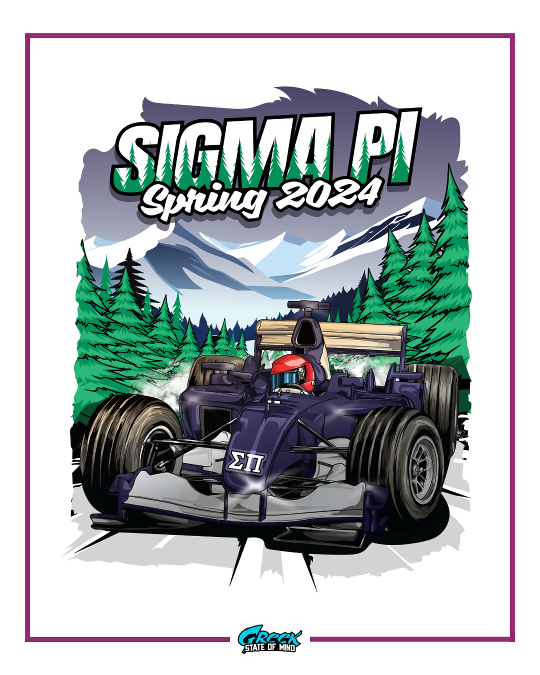 sigma pi rush shirt design featuring a formula race car driving through a mountain forest motorsports illustration