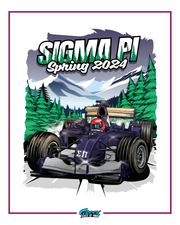 sigma pi rush shirt design featuring a formula race car driving through a mountain forest motorsports illustration