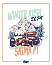 illustrated formula racecar in front of a lodge-style fraternity house with tall snowy mountains and pine trees behind and sigma pi rush text above and below.