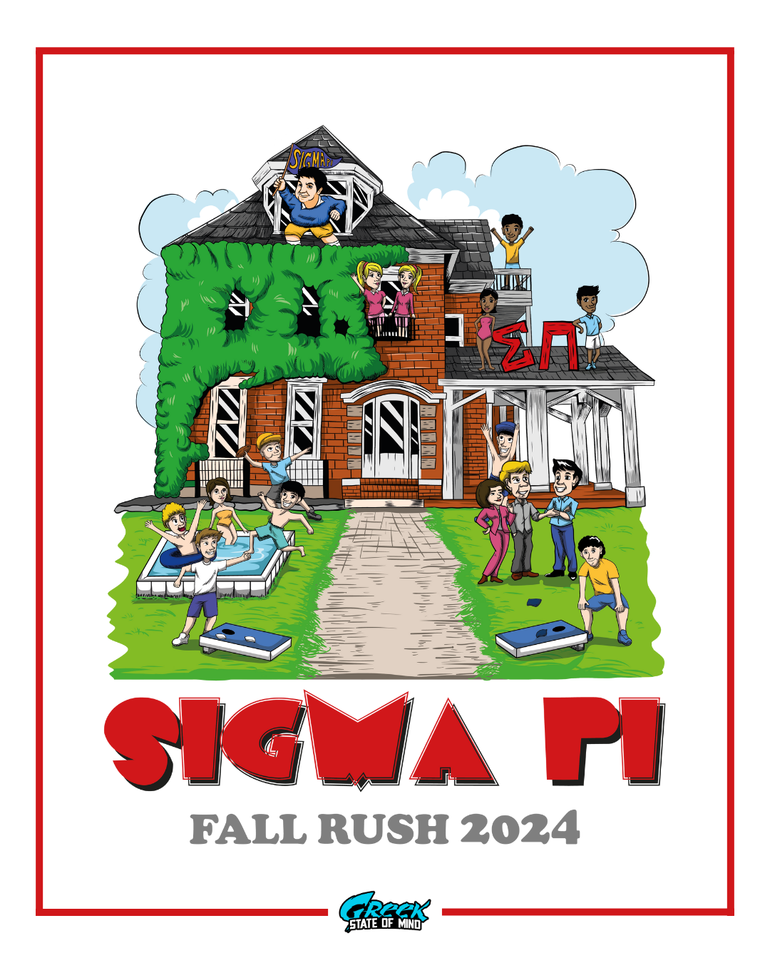 sigma pi rush design featuring a cartoon brick fraternity house with oversized green bushes shaped like the greek letters, members hanging out, playing games, and relaxing across the yard in a fun illustrated style