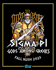  greek god figure on a throne holding a lightning bolt with sigma pi text and gods among greeks slogan.