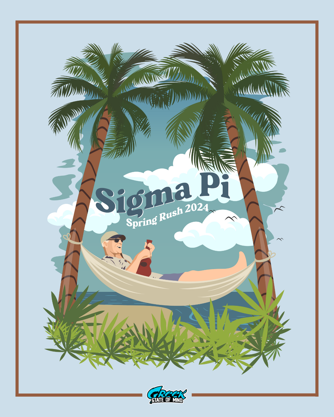 person relaxing in a hammock tied between two palm trees above the water with clouds behind and sigma pi spring rush 2024 text.
