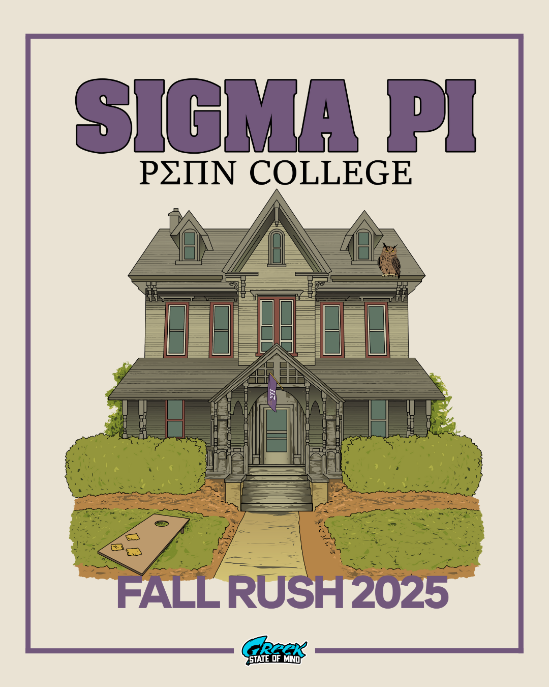 sigma pi fall rush design featuring a detailed fraternity house with bushes walkway an owl on the roof and bold chapter lettering