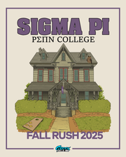 sigma pi fall rush design featuring a detailed fraternity house with bushes walkway an owl on the roof and bold chapter lettering