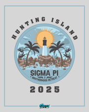 Design for Hunting Island Sigma Pi Brotherhood Retreat 2025 with lighthouse and palm trees.