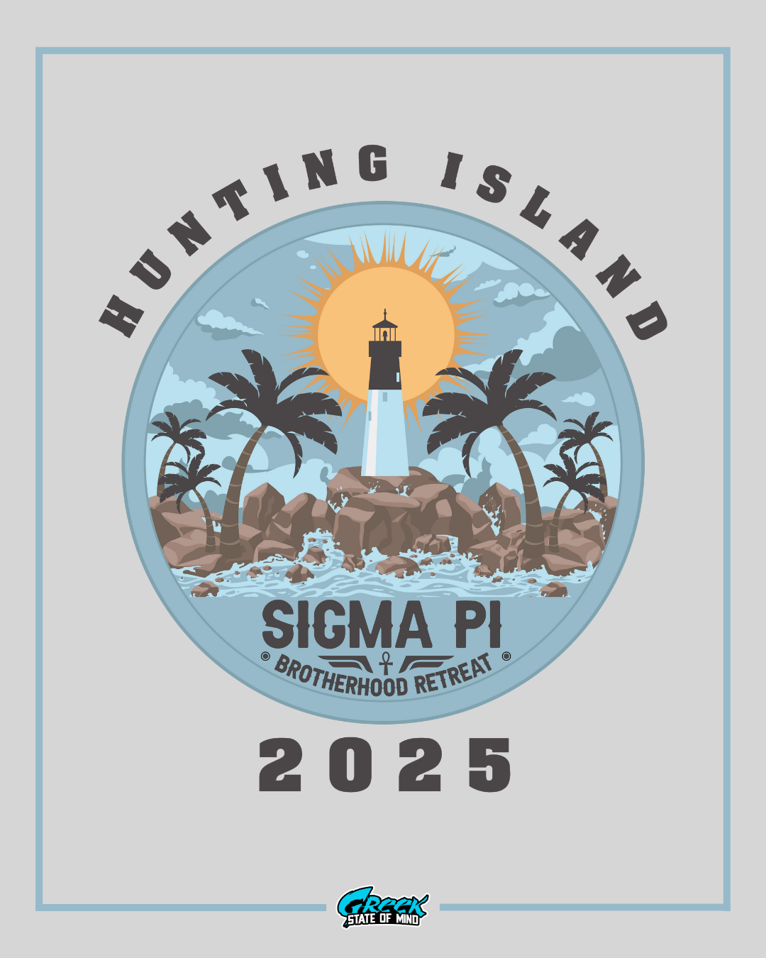 Design for Hunting Island Sigma Pi Brotherhood Retreat 2025 with lighthouse and palm trees.