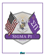 Sigma Pi fraternity logo with American flag and purple banner on a white background