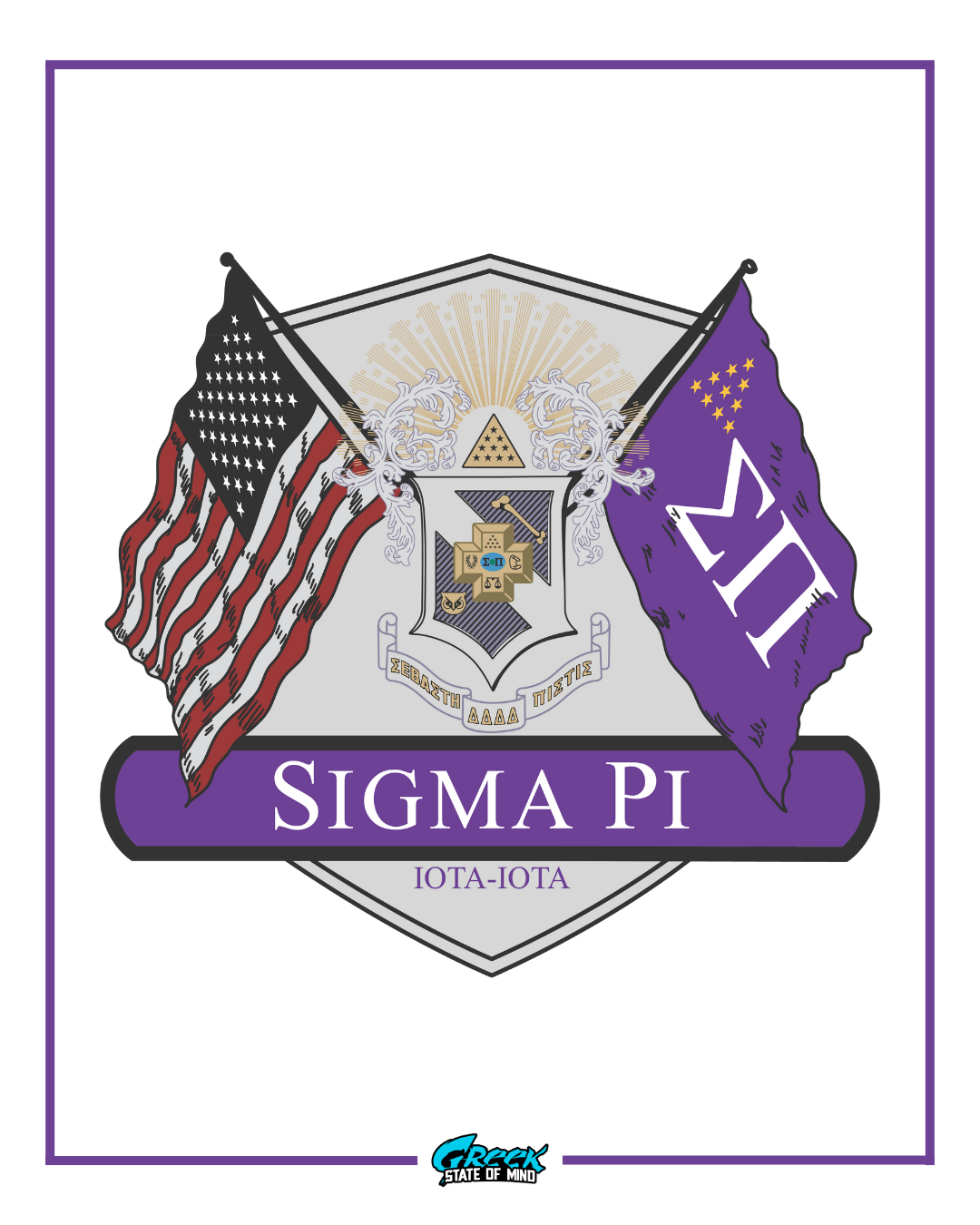Sigma Pi fraternity logo with American flag and purple banner on a white background