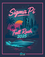sigma pi fall rush 2025 neon city skyline shirt design featuring a speedboat, palm trees, sunset glow, and retro miami vice colors on a dark background