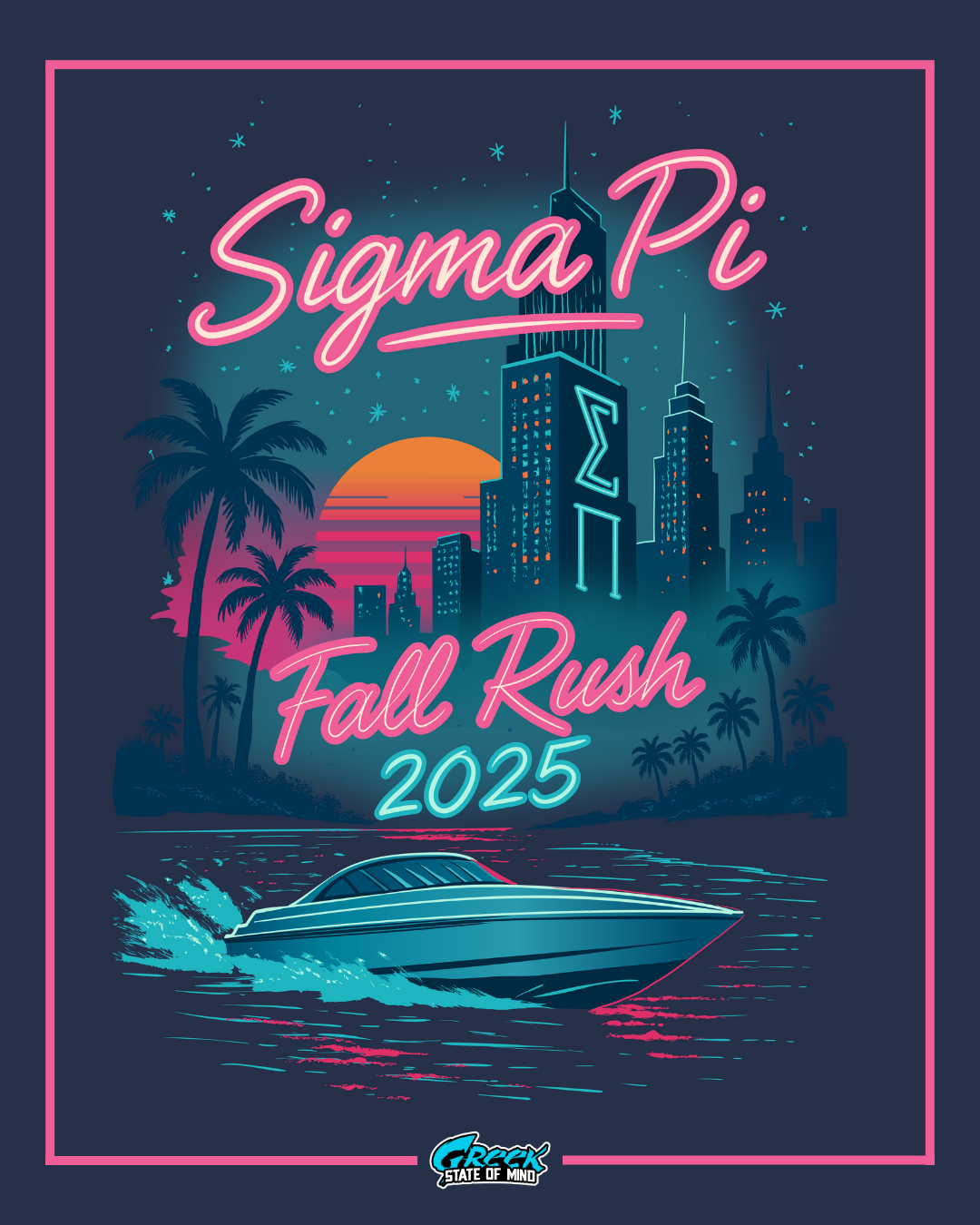 sigma pi fall rush 2025 neon city skyline shirt design featuring a speedboat, palm trees, sunset glow, and retro miami vice colors on a dark background