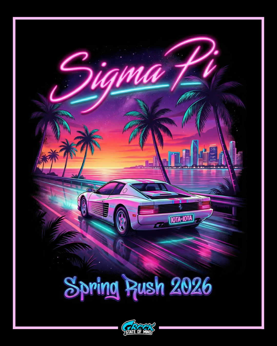 Neon-themed poster with 'Sigma Pi' text, car, palm trees, and city skyline.