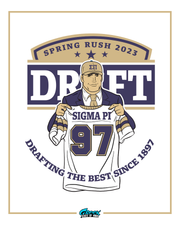 Promotional graphic for Sigma Pi fraternity with a draft theme, featuring a person holding a jersey with the number 97.