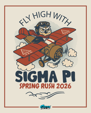 sigma pi rush design featuring an illustrated owl flying a vintage red airplane with clouds and motion lines in a retro aviation style
