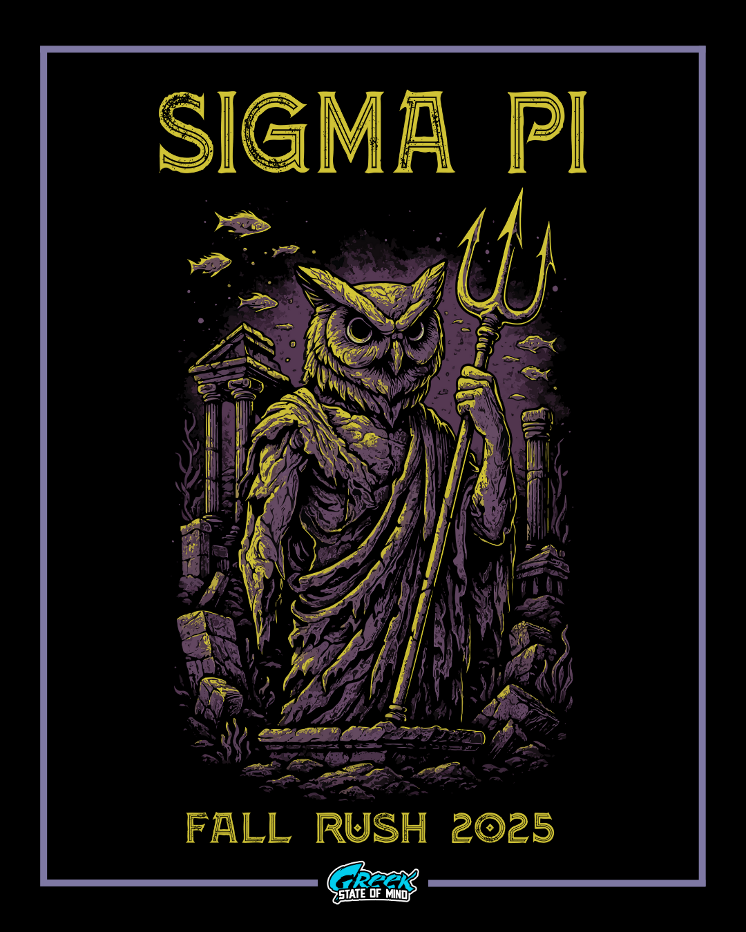 sigma pi fantasy owl warrior holding a trident standing in ancient underwater ruins with fish and stone pillars