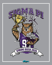 Sigma Pi spring rush 2026 graphic with an owl holding a trophy and flowers on a gray background.