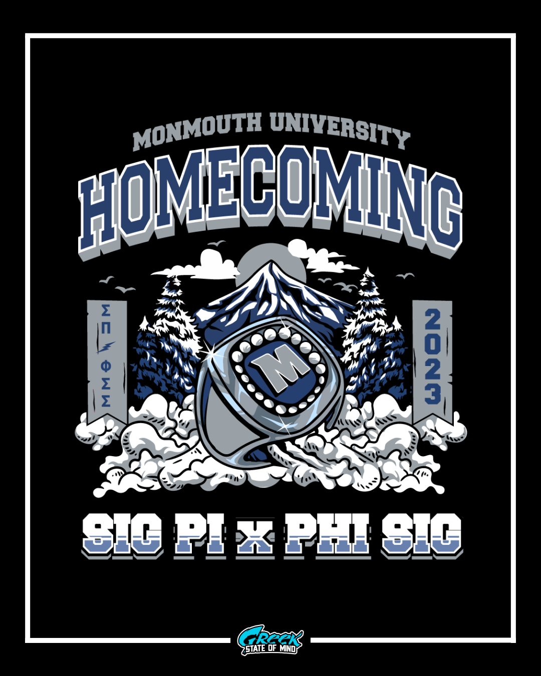 monmouth university homecoming design featuring a large class ring snowy mountains bold collegiate lettering and greek chapters sigma pi and phi sigma sigma