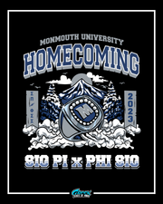 monmouth university homecoming design featuring a large class ring snowy mountains bold collegiate lettering and greek chapters sigma pi and phi sigma sigma