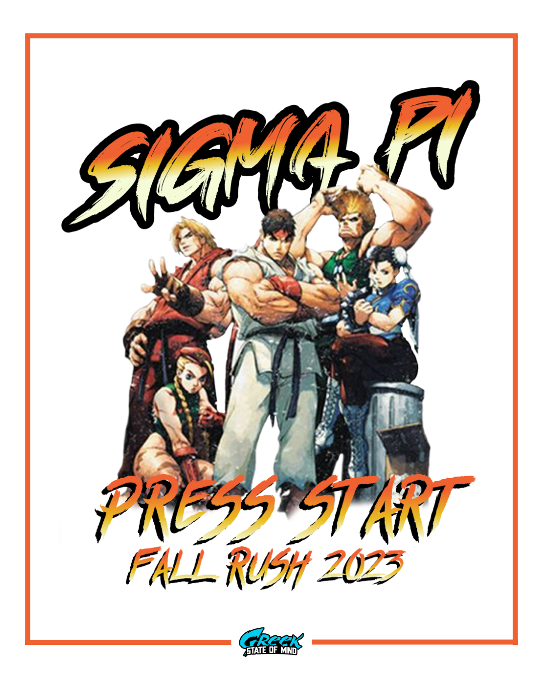 group of fighting-game style characters standing together under bold sigma pi text above press start rush wording inside an orange border.