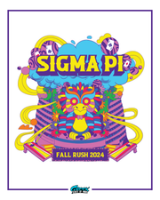 brightly colored psychedelic owl design with swirling ribbons, flowers, poker chips, and sigma pi text framed by a purple border.