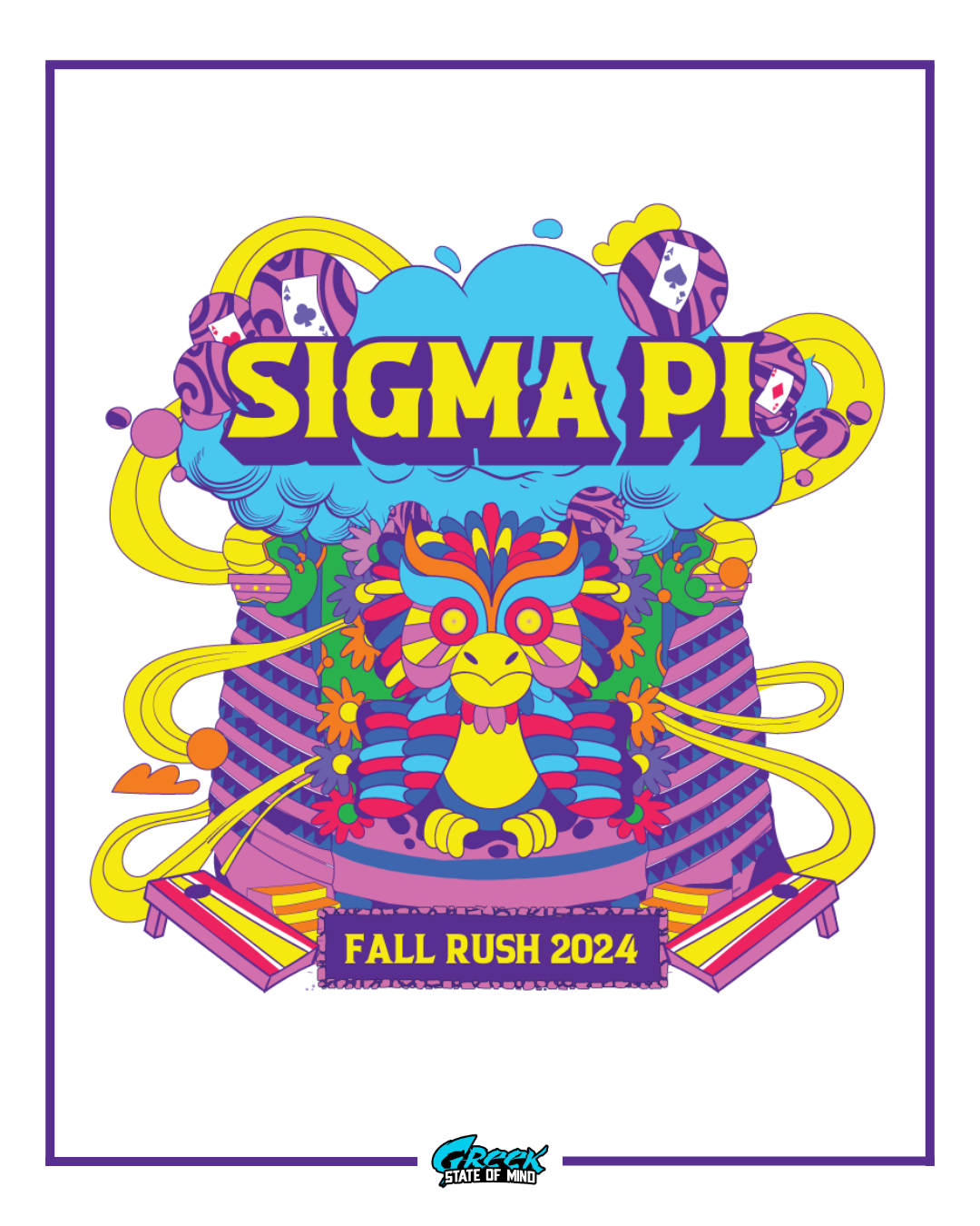 brightly colored psychedelic owl design with swirling ribbons, flowers, poker chips, and sigma pi text framed by a purple border.