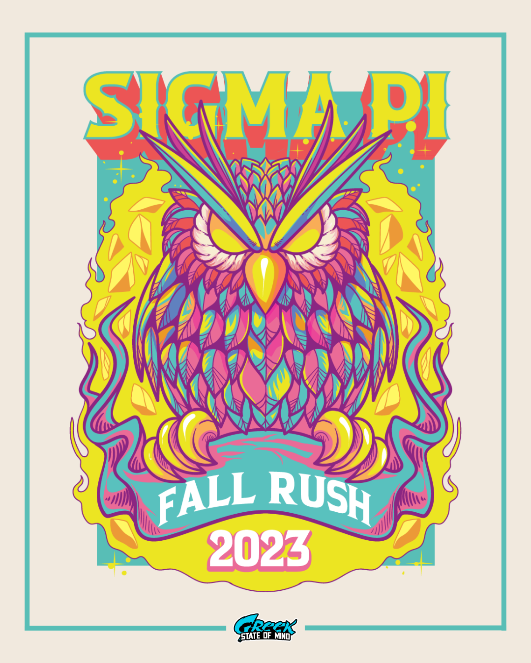 Colorful owl design with 'SIGMA PI' and 'Fall Rush 2023' text on a beige background