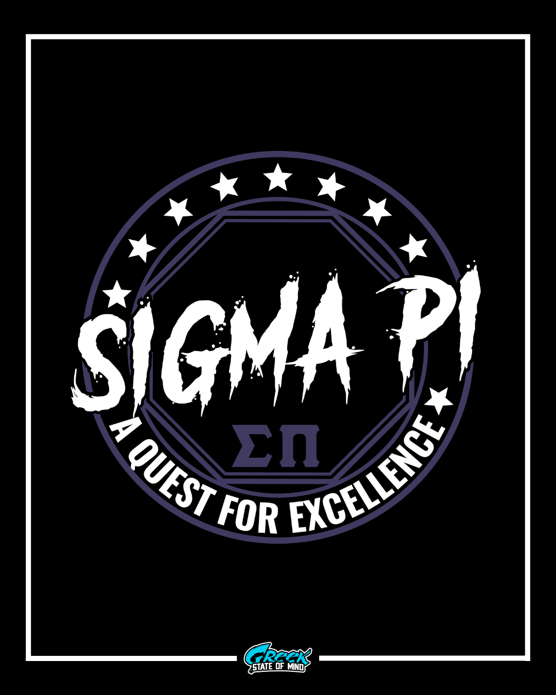 sigma pi quest for excellence emblem with stars and geometric ring surrounding the text