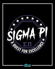 sigma pi quest for excellence emblem with stars and geometric ring surrounding the text