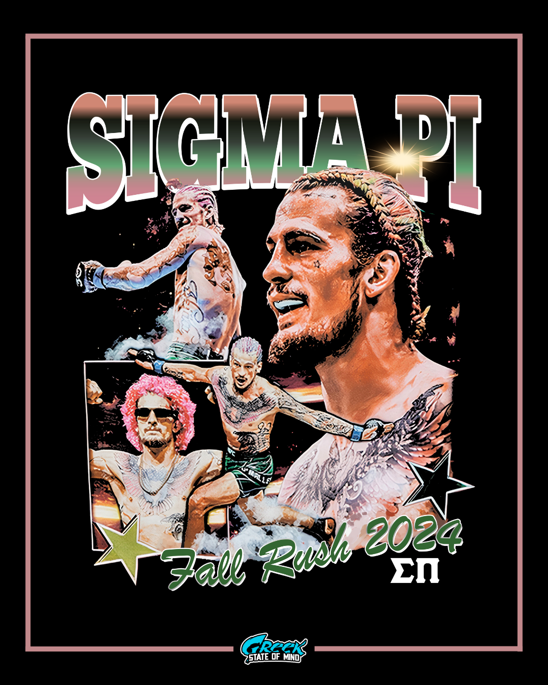 Promotional poster for Sigma Pi fraternity with images of members and text 'Fall Rush 2024'.
