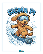 cartoon dog wearing goggles snowboarding with sigma pi text above and rush text on the board.