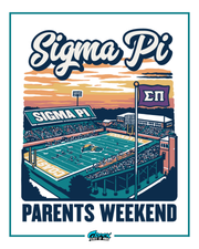 Sigma Pi Parents Weekend event poster with football stadium illustration