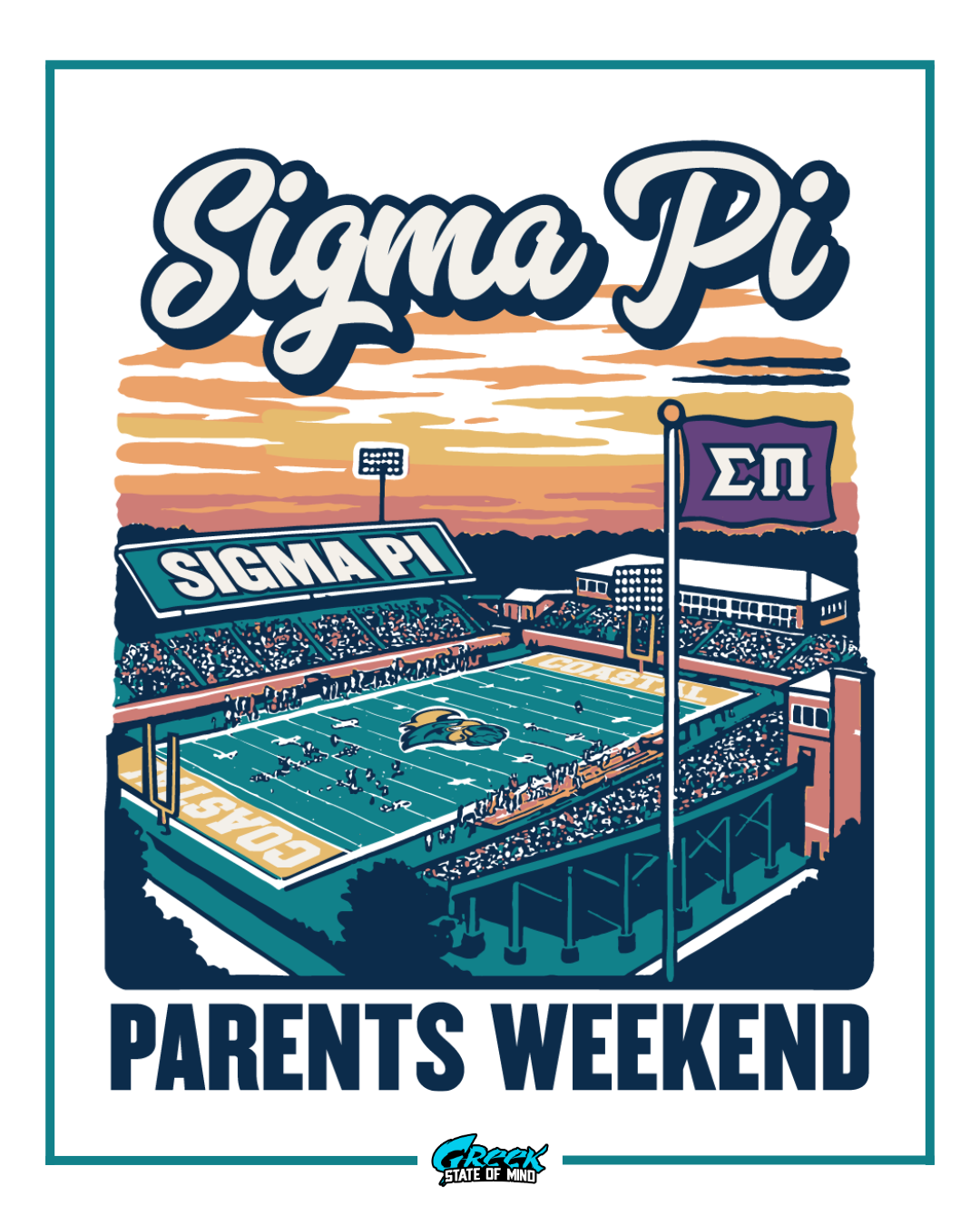 Sigma Pi Parents Weekend event poster with football stadium illustration